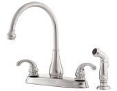 A stainless steel kitchen sink faucet with a sprayer attached to it.