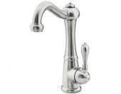 A stainless steel kitchen sink faucet with a handle on a white background.