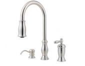 A stainless steel kitchen faucet with a soap dispenser attached to it.