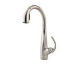 A stainless steel kitchen faucet with a handle on a white background.