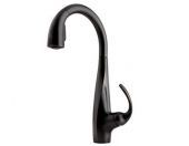 A black kitchen faucet with a long handle on a white background.