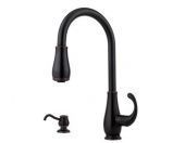 A black kitchen faucet with a soap dispenser attached to it.