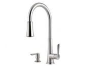 A close up of a kitchen faucet on a white background.