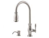 A stainless steel kitchen faucet with a soap dispenser attached to it.