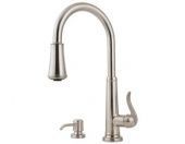 A stainless steel kitchen faucet with a soap dispenser attached to it.