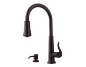 A black kitchen faucet with a soap dispenser attached to it.