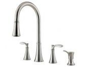 A stainless steel kitchen faucet with a pull down sprayer and two handles.