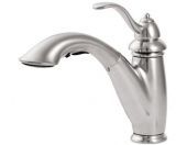 A stainless steel kitchen sink faucet with a pull out sprayer.