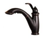 A black kitchen faucet with a pull out sprayer on a white background.