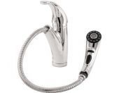 A kitchen sink faucet with a hose attached to it.