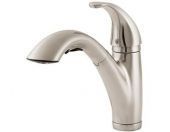 A stainless steel kitchen faucet with a pull out sprayer on a white background.