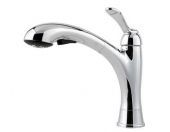 A chrome kitchen faucet with a pull out sprayer on a white background.