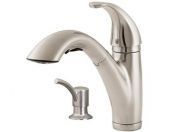 A stainless steel kitchen faucet with a soap dispenser attached to it.