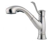 A stainless steel kitchen faucet with a pull out sprayer on a white background.