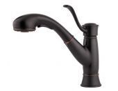 A black kitchen faucet with a pull out sprayer on a white background.