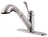 A stainless steel kitchen sink faucet with a pull out sprayer.