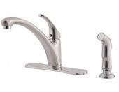 A stainless steel kitchen faucet with a sprayer attached to it.