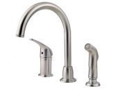 A stainless steel kitchen faucet with a sprayer attached to it.