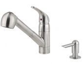 A stainless steel kitchen faucet with a soap dispenser attached to it.