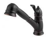 A black kitchen faucet with a pull out sprayer on a white background.