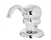A close up of a chrome soap dispenser on a white background.