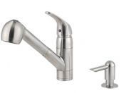 A stainless steel kitchen faucet with a soap dispenser attached to it.