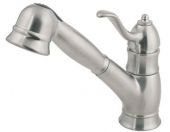A stainless steel kitchen faucet with a pull out sprayer.