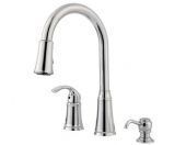 A kitchen faucet with a pull down sprayer and two handles.