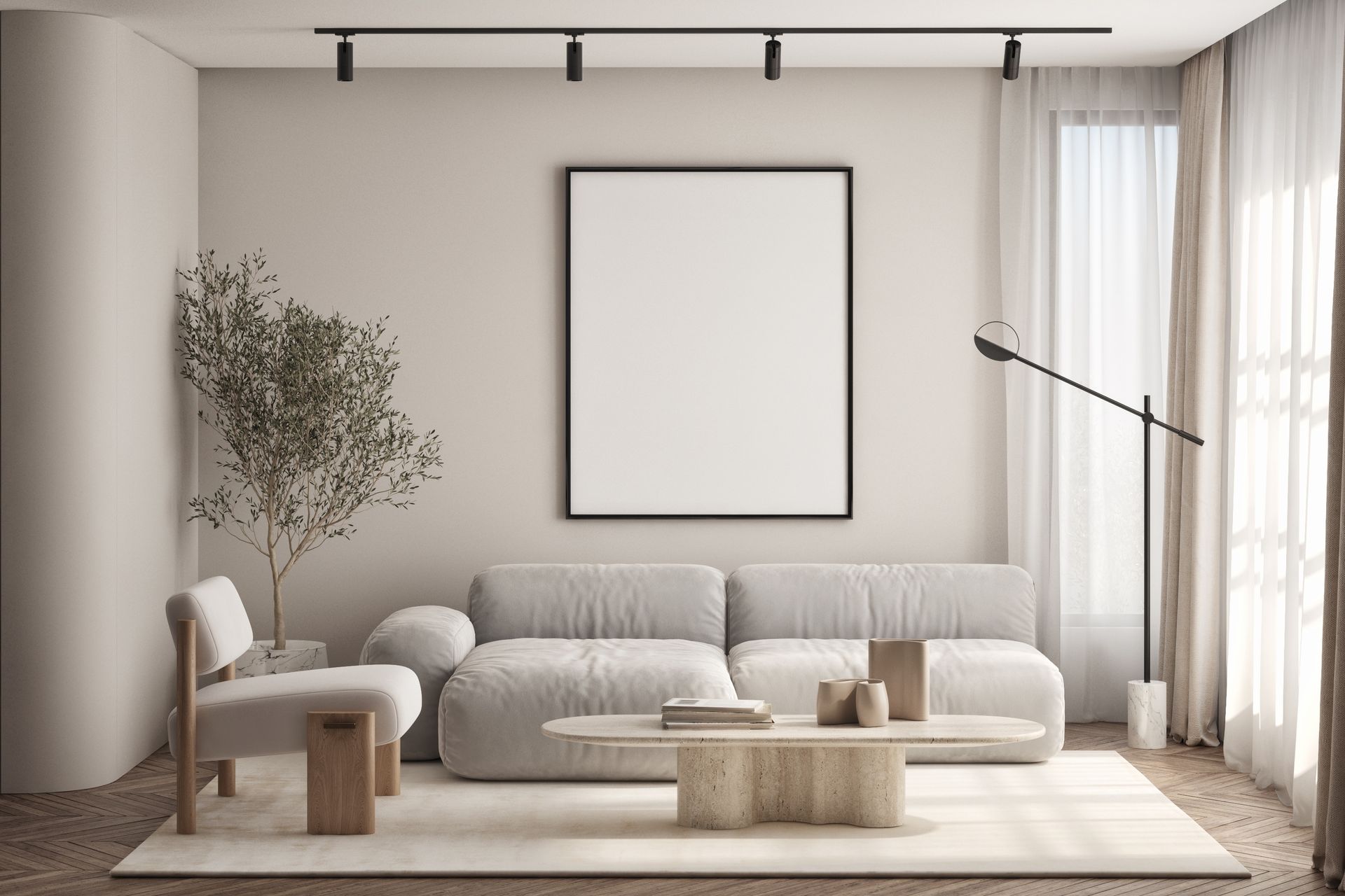 A living room with a couch , chair , coffee table and a picture on the wall.