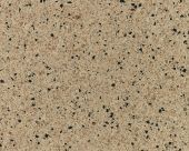 A close up of a beige granite counter top with black spots.