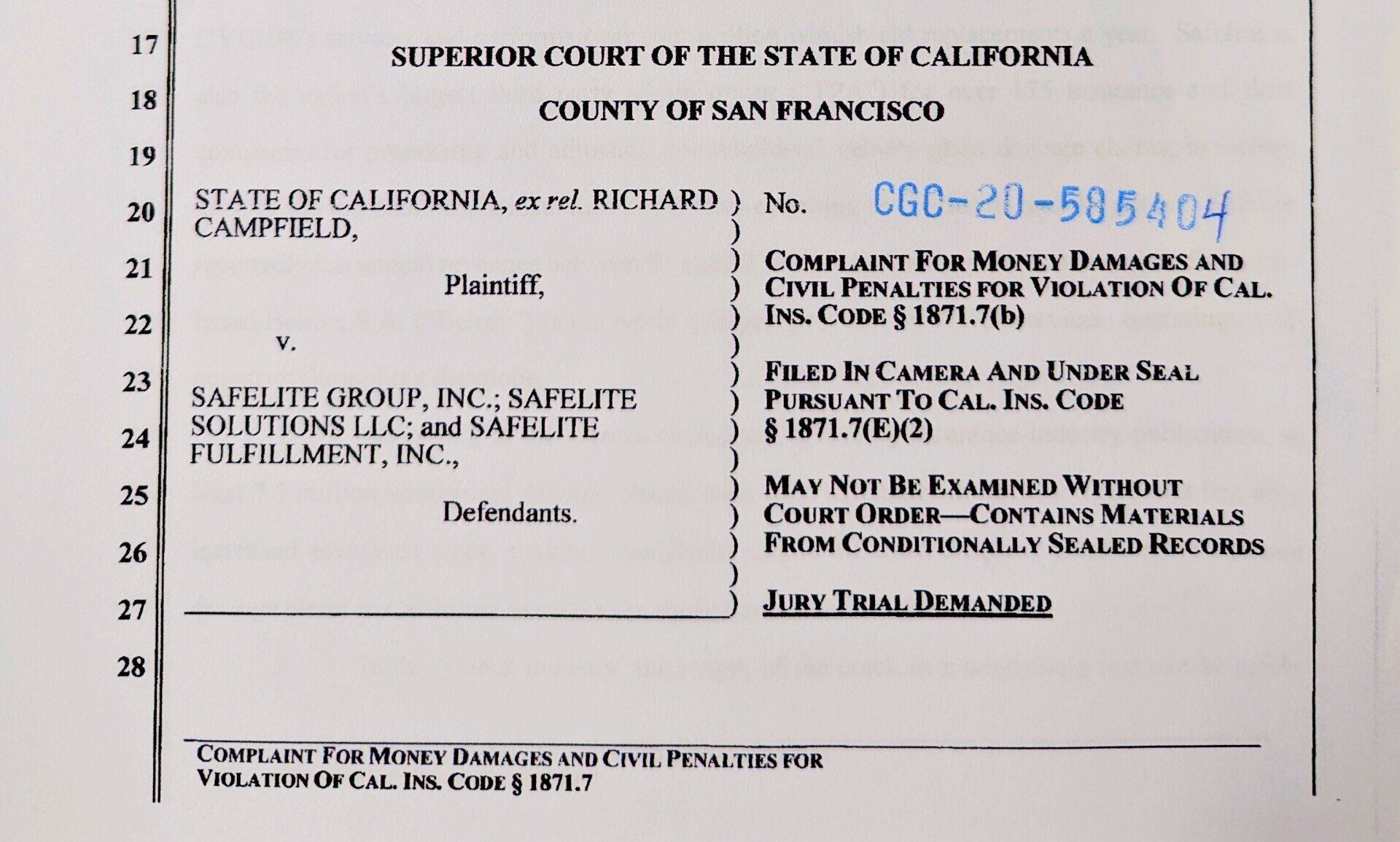 Safelite sued for insurance fraud by California and Richard Campfield