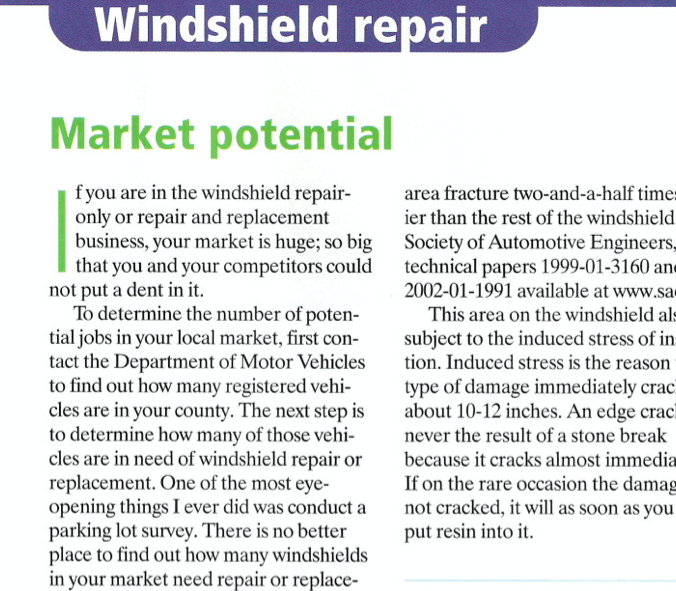 A newspaper article titled windshield repair market potential