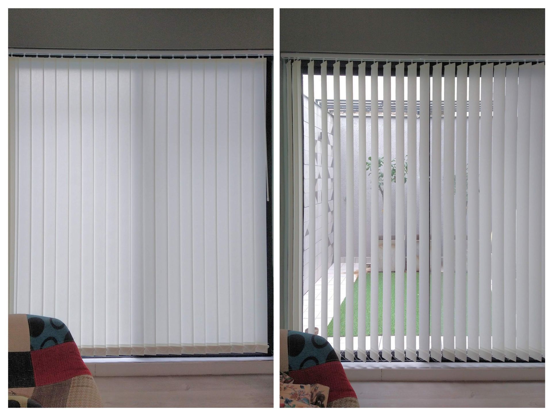 Dos imágenes de persianas verticales en una ventana de una sala de estar.