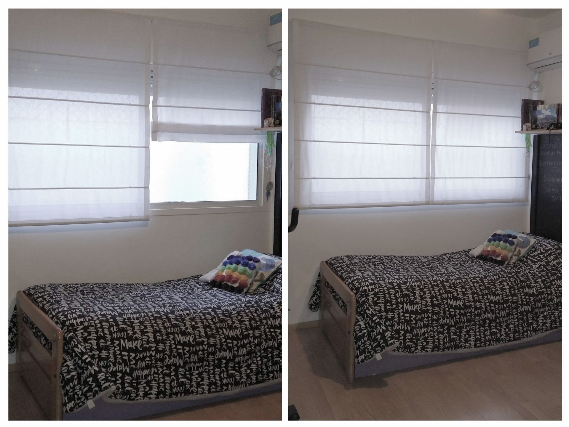 Un dormitorio con una cama y una ventana con cortinas romanas.