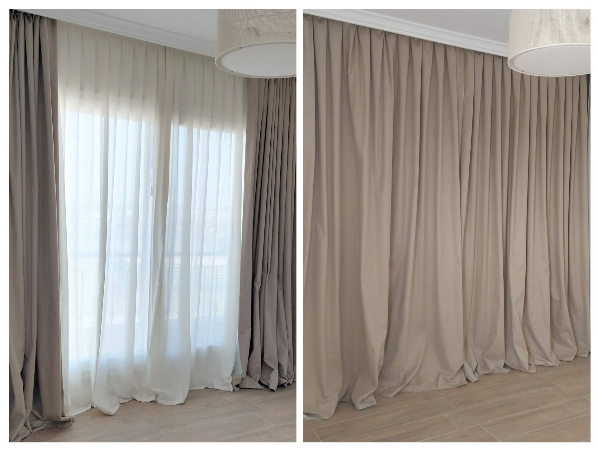 Hay dos fotografías de una habitación con cortinas en las ventanas.