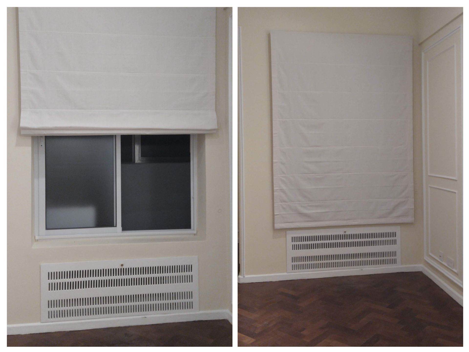 Dos fotografías de una habitación con ventana y persianas.