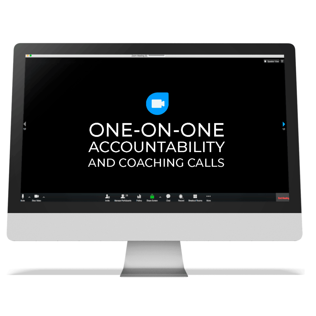 A computer monitor with the words `` one-on-one accountability and coaching calls '' on the screen.