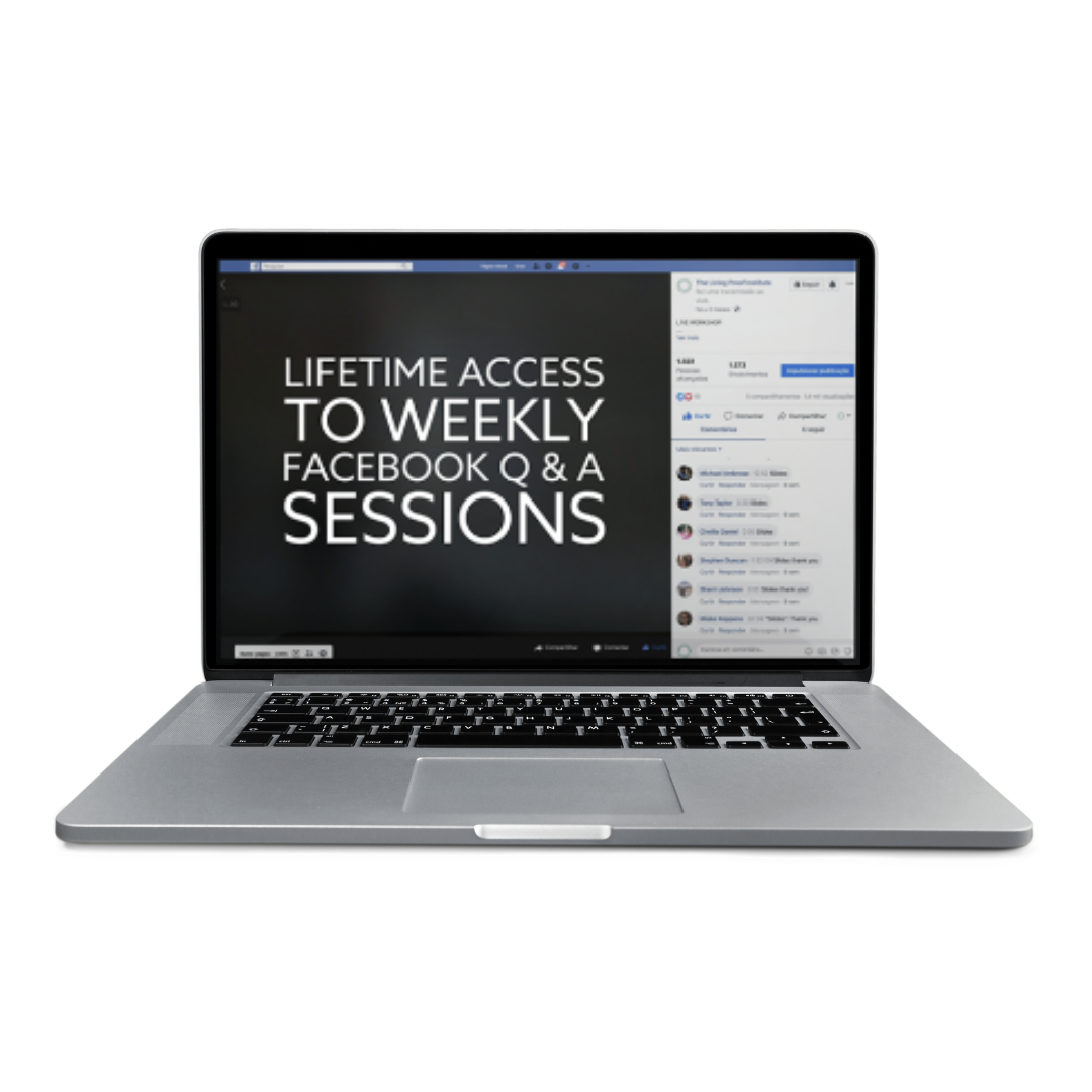 A laptop that says lifetime access to weekly Facebook Q & A sessions.