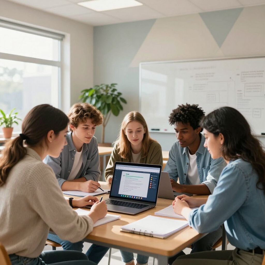 Five people collaborate around a table in a bright room with a laptop, notebooks, and a whiteboard in the background.