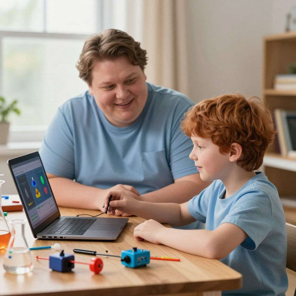 An adult and child sit at a table, smiling while using a laptop and colorful electronic components for a science project.