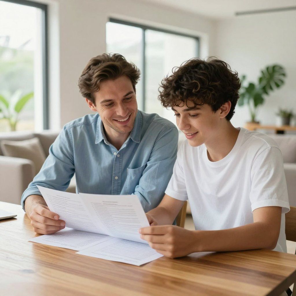 Two people sit at a wooden table reviewing documents together in a bright, modern room.