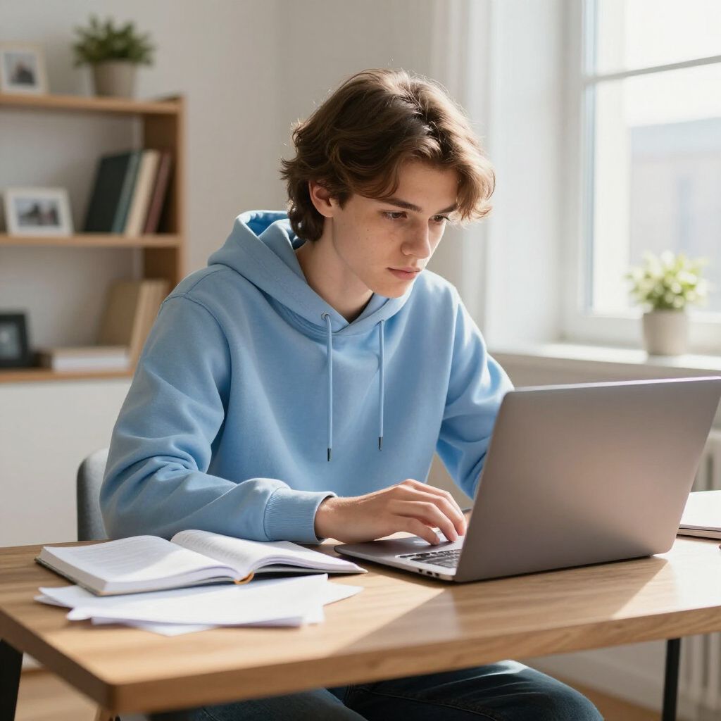 A person in a light blue hoodie sits at a wooden desk, typing on a laptop with notebooks and papers nearby.