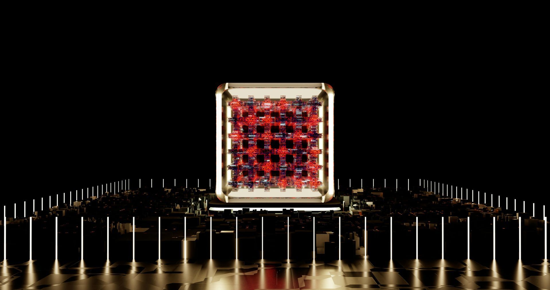 A glowing, red-and-blue grid cube set within a minimalist, dark architectural space illuminated by vertical light bars.