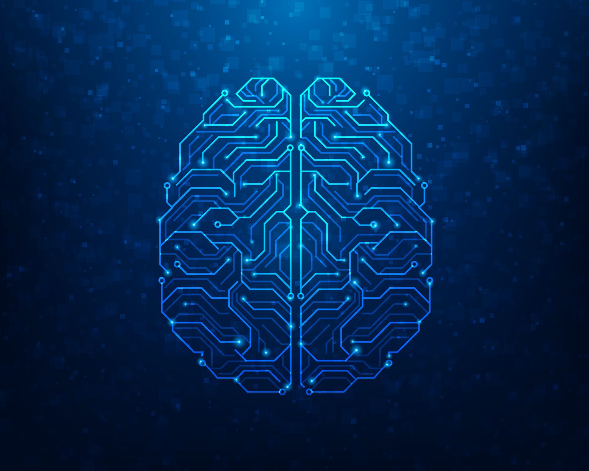 Digital illustration of a human brain formed by glowing blue circuit board lines against a dark, speckled background.