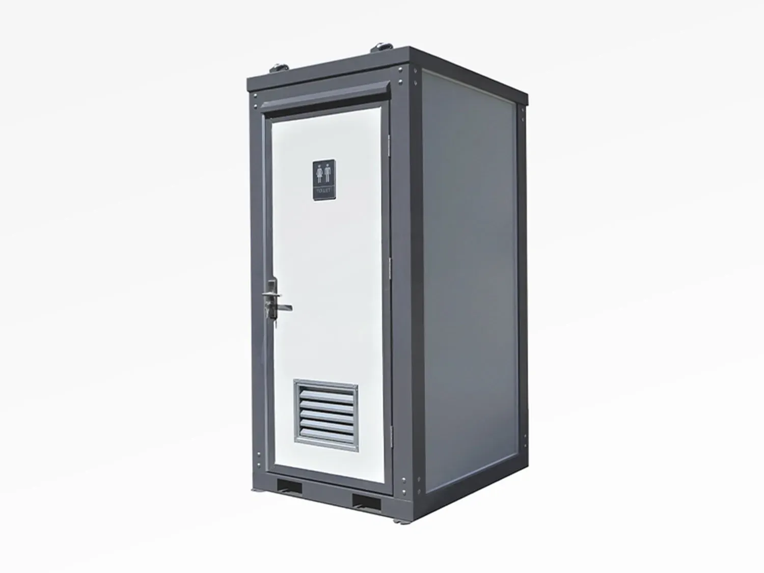 Gray portable restroom with a door, vents, and a gender-neutral sign. White background.