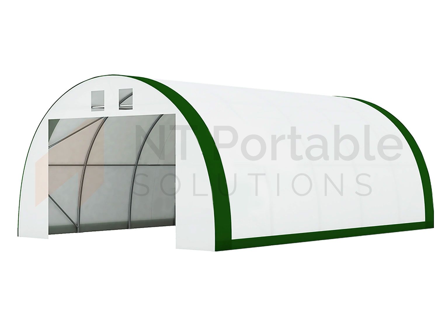 White and green portable shelter with arched roof and open end.