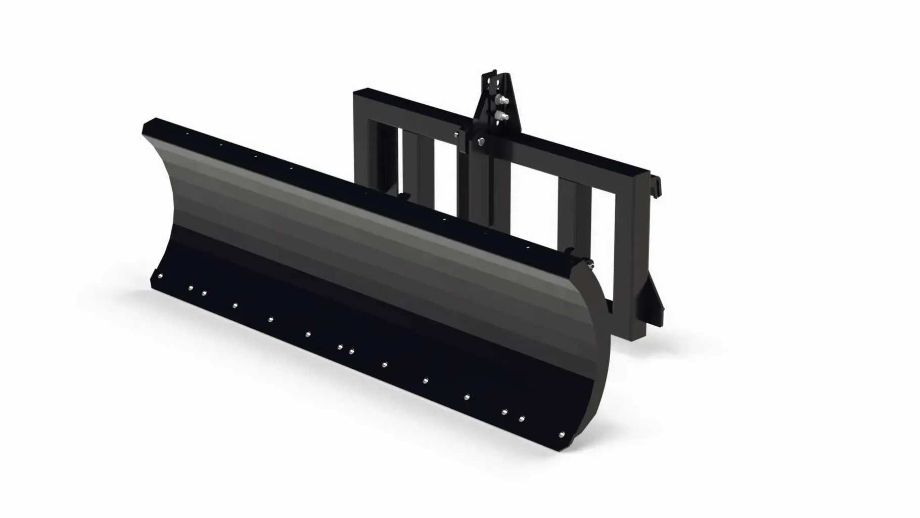 Blue tractor with yellow snowplow on a paved road, in front of a field, under a blue sky.