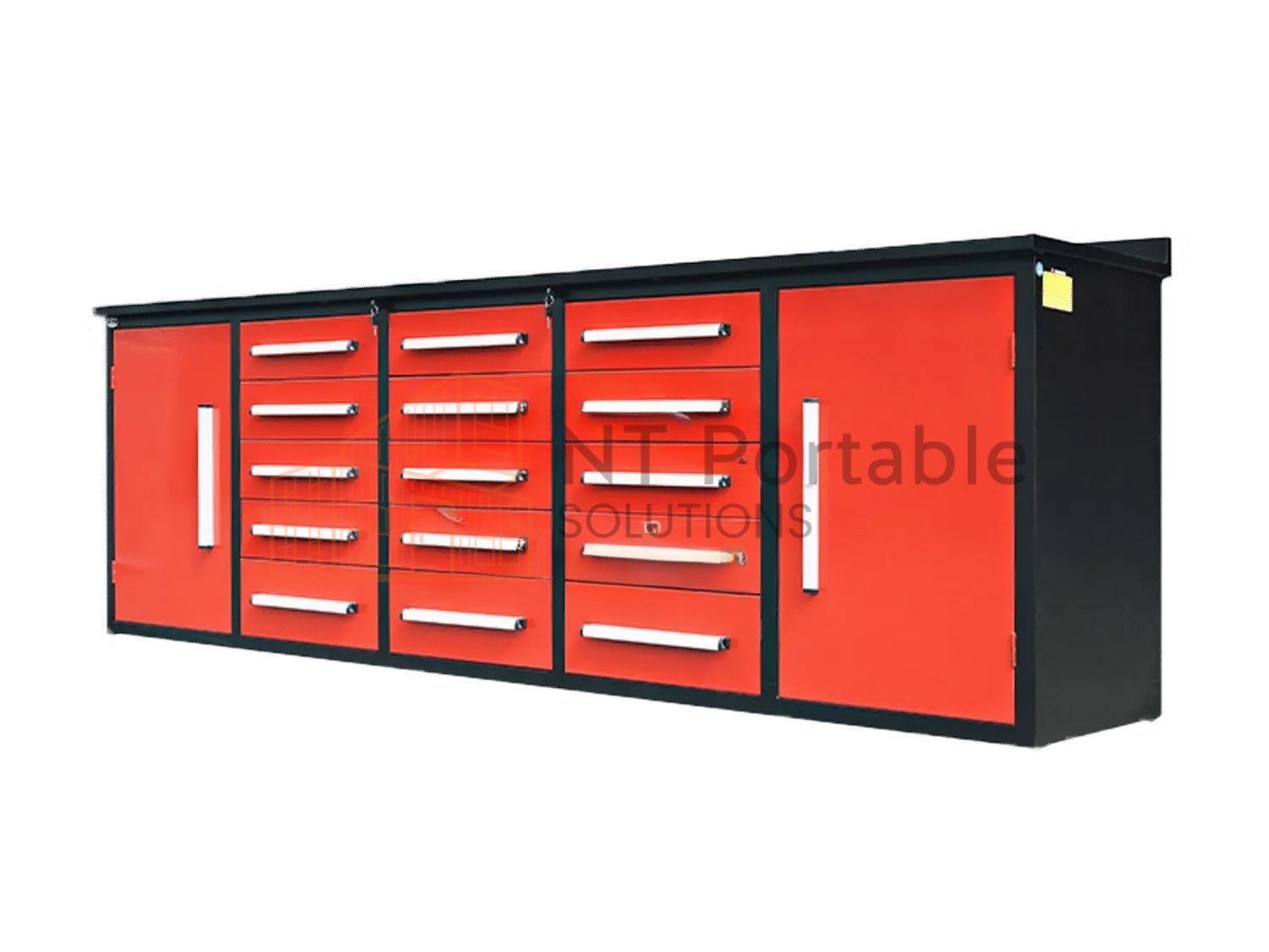 Red and black tool storage cabinet with drawers and doors.