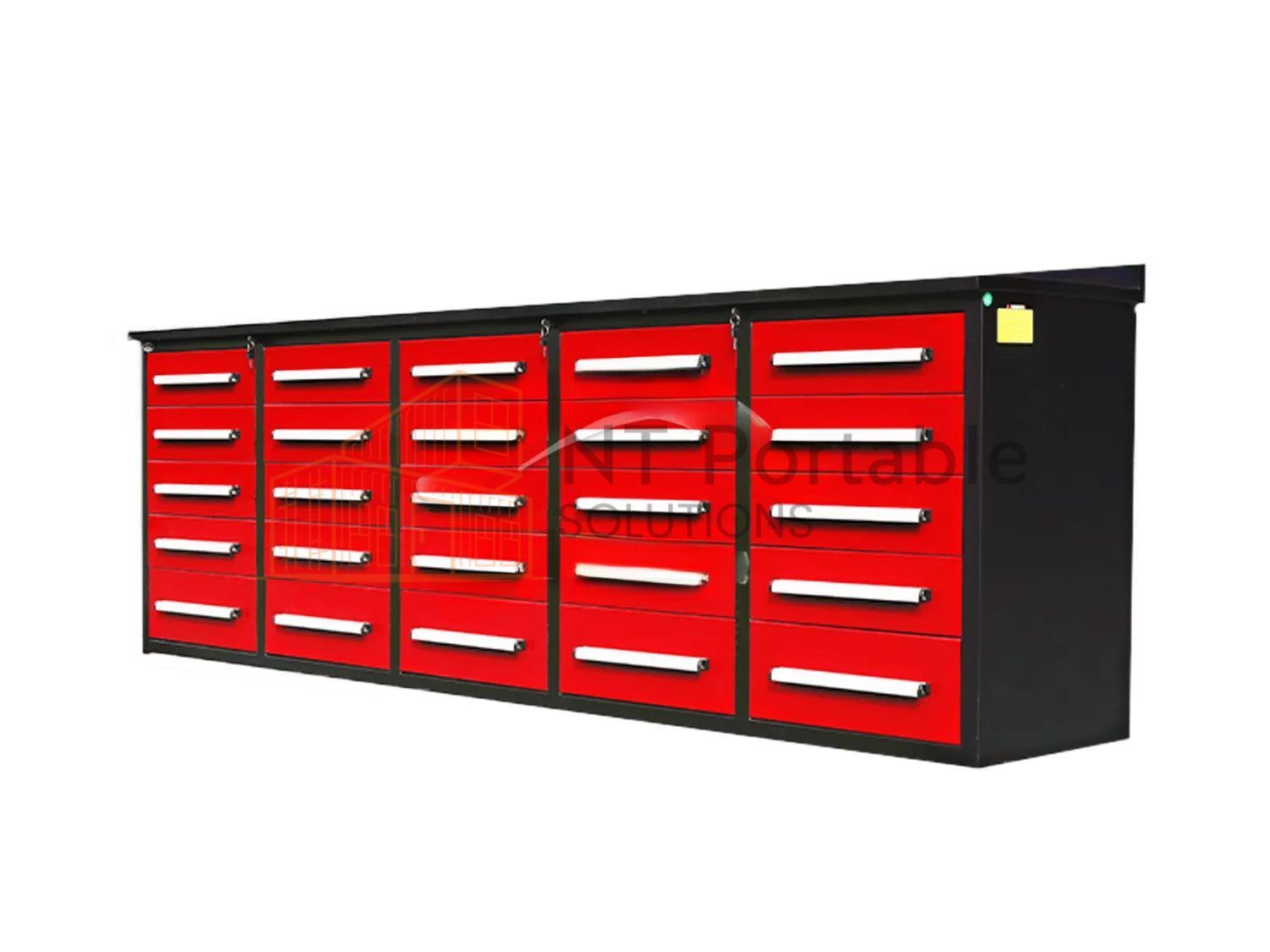 A long, red and black toolbox with multiple drawers.