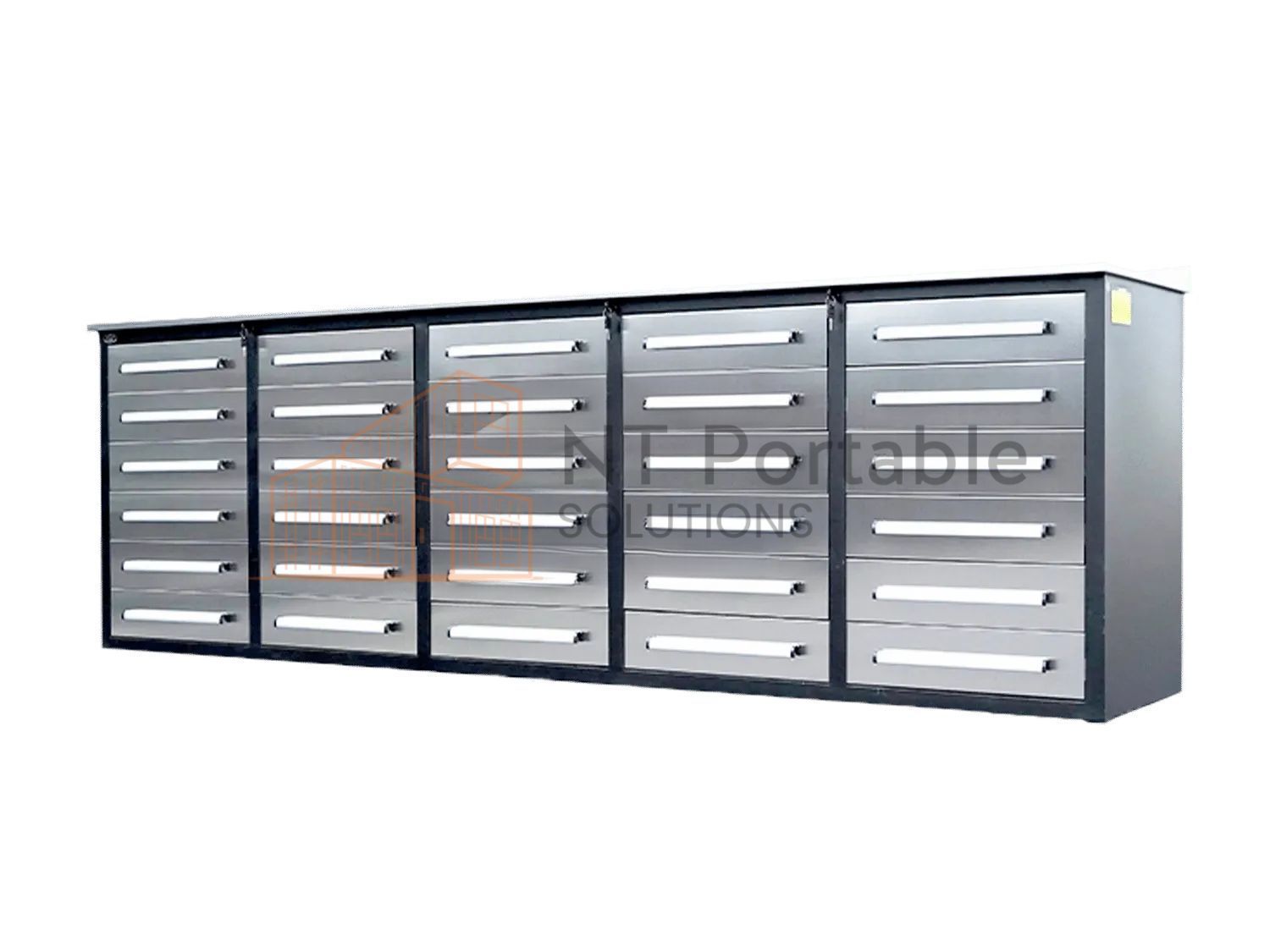 Stainless steel mailboxes, horizontally aligned, with multiple individual slots.